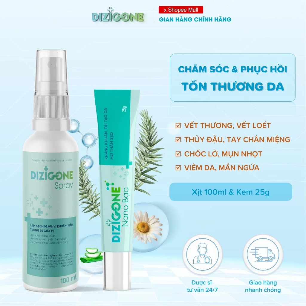 [Bộ đôi] Xịt kháng khuẩn DIZIGONE Spray 100ml & Kem DIZIGONE Nano Bạc 25g: Lành thương nhanh, tái tạo da, ngăn ngừa sẹo