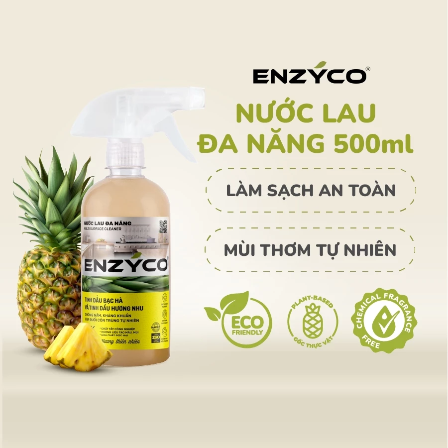 Nước Lau Đa Năng Sinh Học Enzyco Tinh Dầu Bạc Hà Và Hương Nhu 500ML Làm Sạch Vết Dầu Mỡ Đuổi Côn Trùng