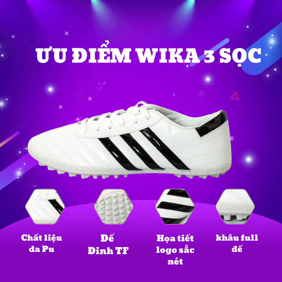 Giày Đá Bóng Wika 3 Sọc Nam Nữ Chính Hãng, Giày Đá Bóng Ba Sọc Wika Ct3 Đinh Tf Đã Khâu Toàn Bộ Đế