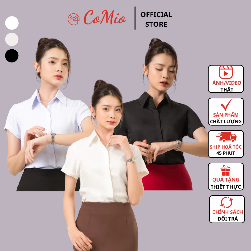 Áo sơ mi nữ tay ngắn CoMio công sở cộc tay che nút chất vải cotton mềm mịn,không , thoáng mát kiểu dáng hàn quốc