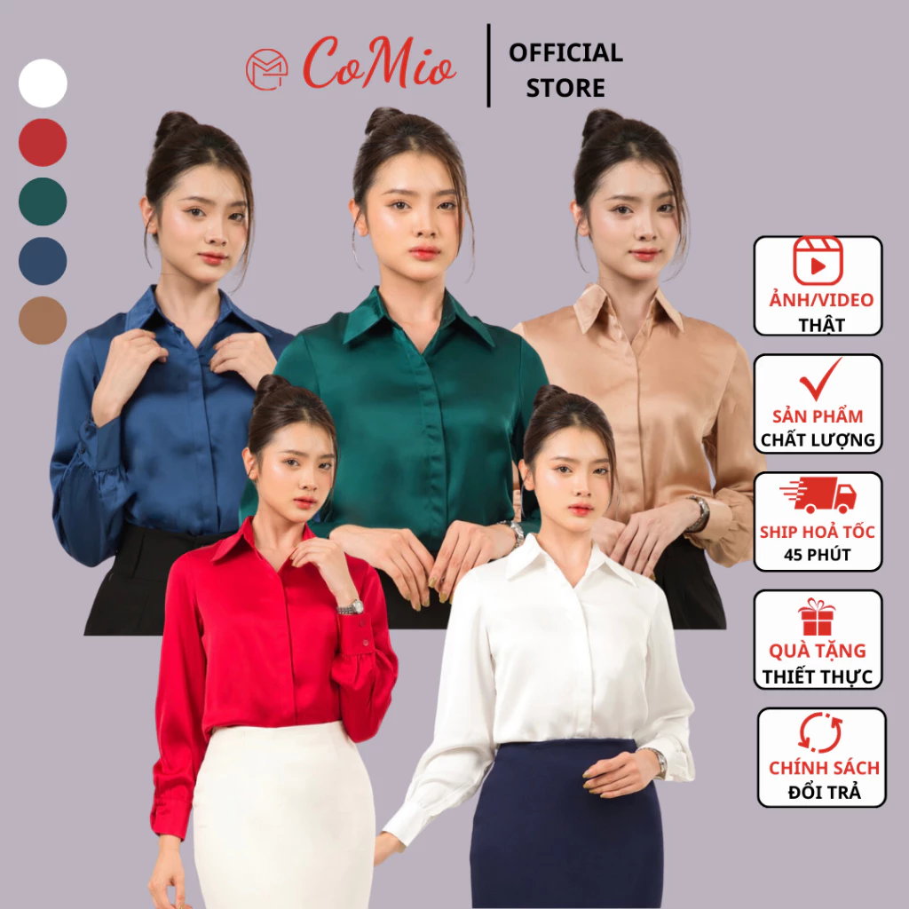 Áo sơ mi lụa cao cấp công sở cổ đức CoMio tay dài fom rộng chất lụa cao cấp không nhăn kiểu hàn quốc vintage ulzzang