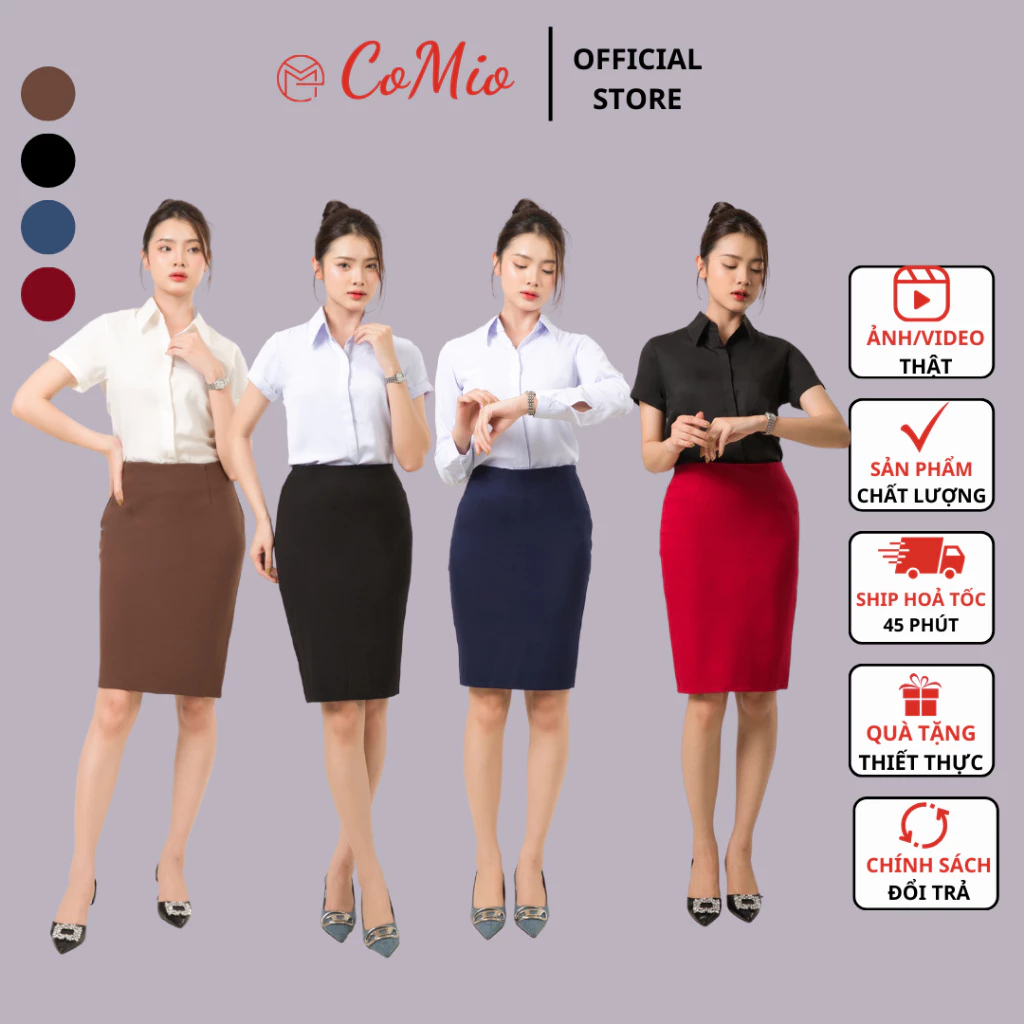 Chân váy bút chì CoMio công sở cạp cao dài 55cm có túi ẩn xẻ sau chất umi cao cấp co giãn siêu nâng mông