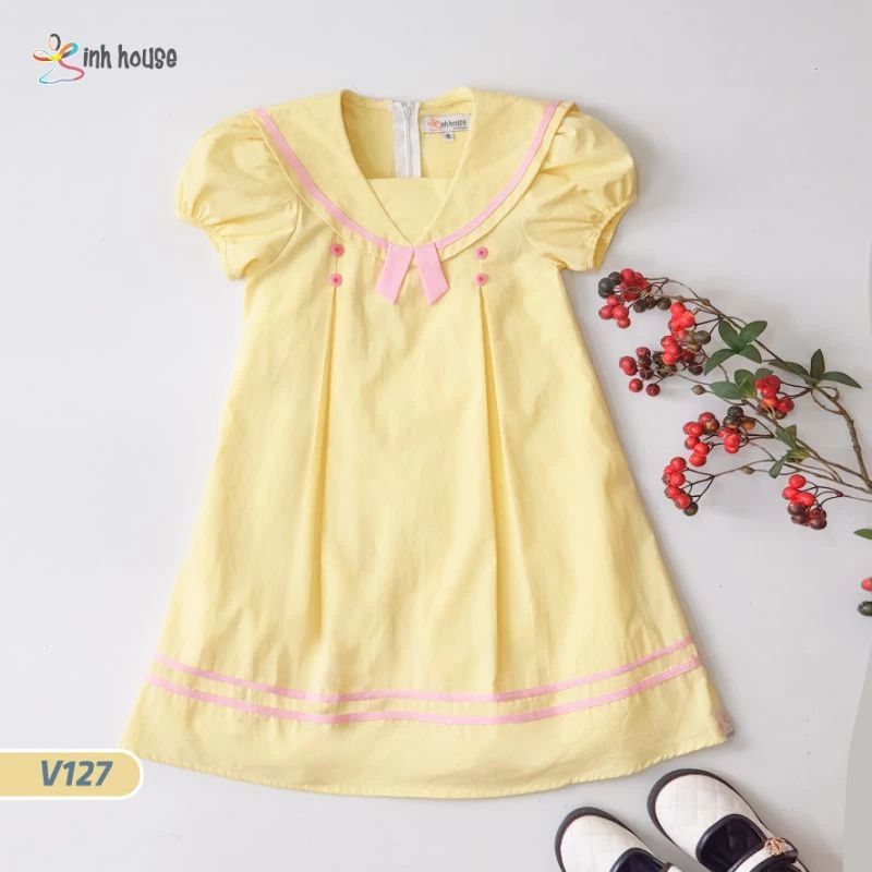 V127 Váy thủy thủ Cotton Bé Gái Xinh House Phối Nhún Ngực Dáng Xoè