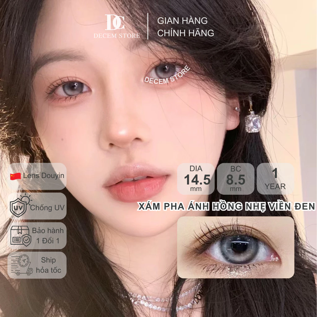 Kính áp tròng màu xám pha ánh hồng viền đen 14.5mm GRA3, contact lens mắt douyin cận độ giãn tròng 1 năm Decem Store