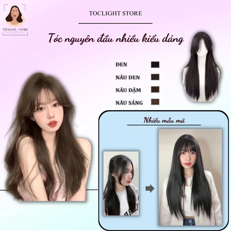 Tóc Giả Nguyên Đầu Cao Cấp – Tóc Thẳng / Xoăn Lơi Layer, Mái Thưa Tự Nhiên, Rẽ Ngôi Bồng Bềnh Như Tóc Thật