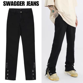 Swagger | Quần Jeans đen vibe zip + cúc bấm gấu quần dáng loe co giãn mặc thoải mái - Form quần tôn dáng