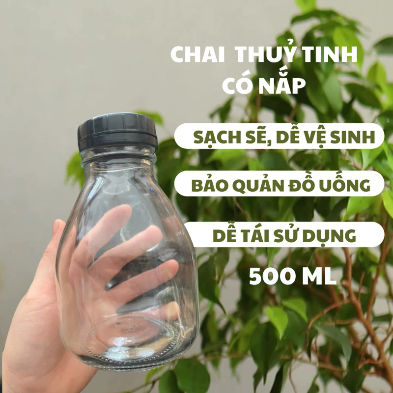 CHAI THUỶ TINH NẮP NHỰA ĐEN DÁNG BẦU DỄ THƯƠNG 350 ml 500ml