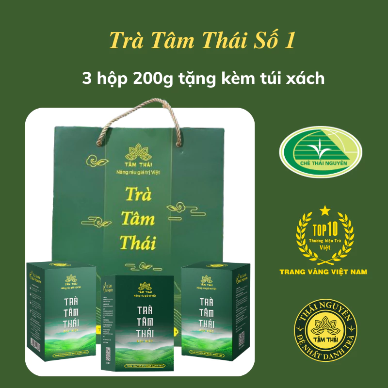 Trà Thái Nguyên 3 hộp 200g Trà Tâm Tháí Đặc Biệt  tặng kèm túi xách Trà Tân Cương Thái Nguyên 3H200gS1