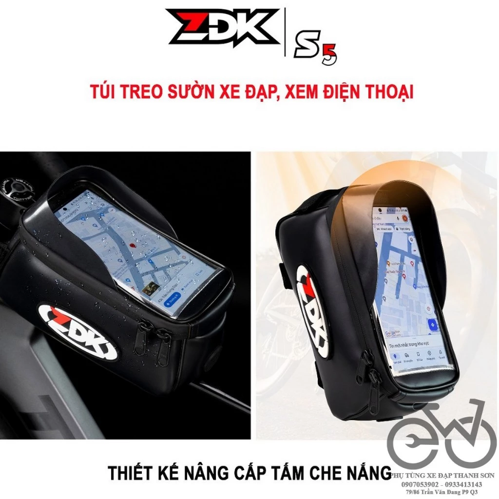 Túi Xe Đạp ZDK S5, Túi Treo Sườn Xe Đạp Thể Thao Cảm Ứng Điện Thoại, Da Simili Cao Cấp Kháng Nước, Dày Dặn, Chuẩn Form