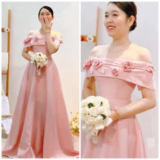 Đầm maxi mặc cưới TRIPBLE T DRESS bẹt vai đính hoa siêu xinh - size S/M/L - MS25Y