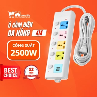 Ổ Cắm Điện USB Đa Năng Cao Cấp Chống Giật Dây Dài 4m, 2 Cổng Cắm USB Có Chốt An Toàn Tiện Dụng