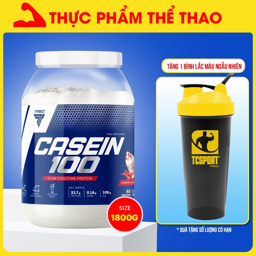 Sữa Tăng Cơ Whey Protein Casein 100 (600g-1800g)  - Casein Hấp Thụ Chậm - Nhiều Mùi Vị - TREC