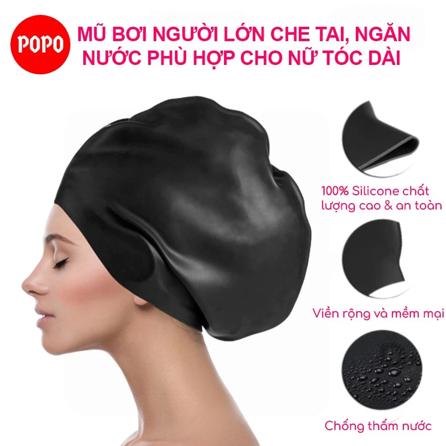 Mũ bơi trơn silicone size lớn POPO CA63 ngăn nước tuyệt đối, chùm tai, dành cho phụ nữ tóc dài