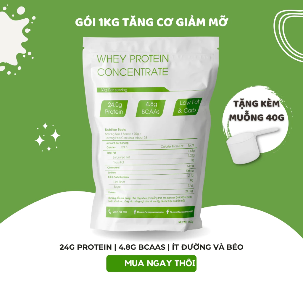 (TẶNG MUỖNG 40G) Whey Protein Concentrate 80% - Sữa tăng cơ giảm mỡ