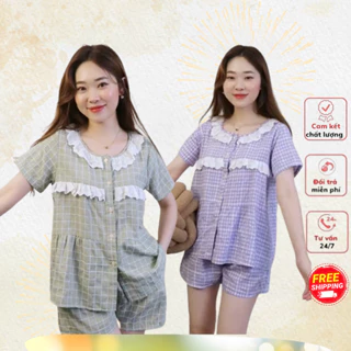 Bộ đồ ngủ mặc nhà Pyjama, quần đùi, áo cộc kẻ phối ren