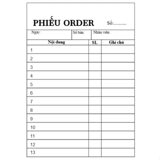 M1-Phiếu Order, Sổ Order 100 Tờ  - In màu đen - Sổ ghi món ăn, thức uống cho các quán ăn, nhà hàng