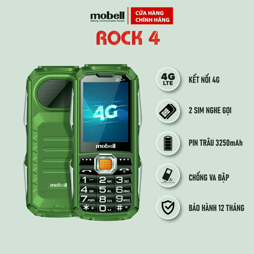 Điện Thoại Phổ Thông Mobell ROCK 4 4G Chính Hãng Nghe Gọi Siêu Bền Pin Trâu 2 SIM Chống Va Đập Cho Người Cao Tuổi