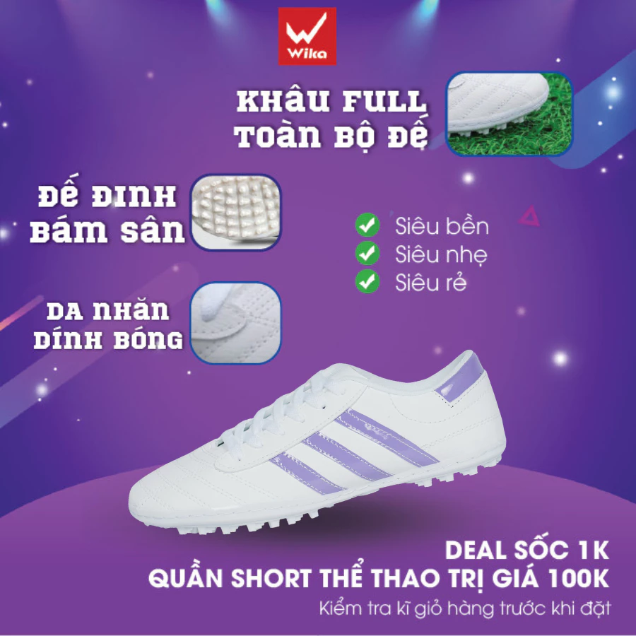 Giày Bóng Đá 3 Sọc Wika Da Nhăn Chính Hãng, Giày Đá Bóng Wika Ba Sọc Đã Khâu Full Đế Sân Cỏ Nhân Tạo