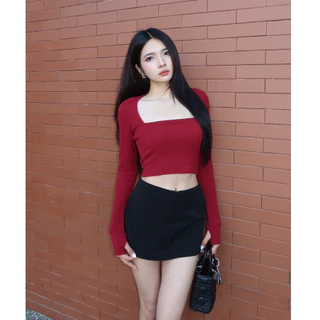 Áo croptop nữ tay dài HHVINTAGE kiểu cổ vuông xỏ ngón co giãn Top A33