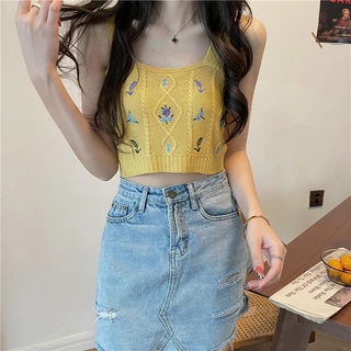 Áo len dệt kim 2 dây bản to croptop sexy kiểu Hàn Quốc phong cách Ulzzang nhiều màu ôm body thêu hoa Siêu Hot DK8T302