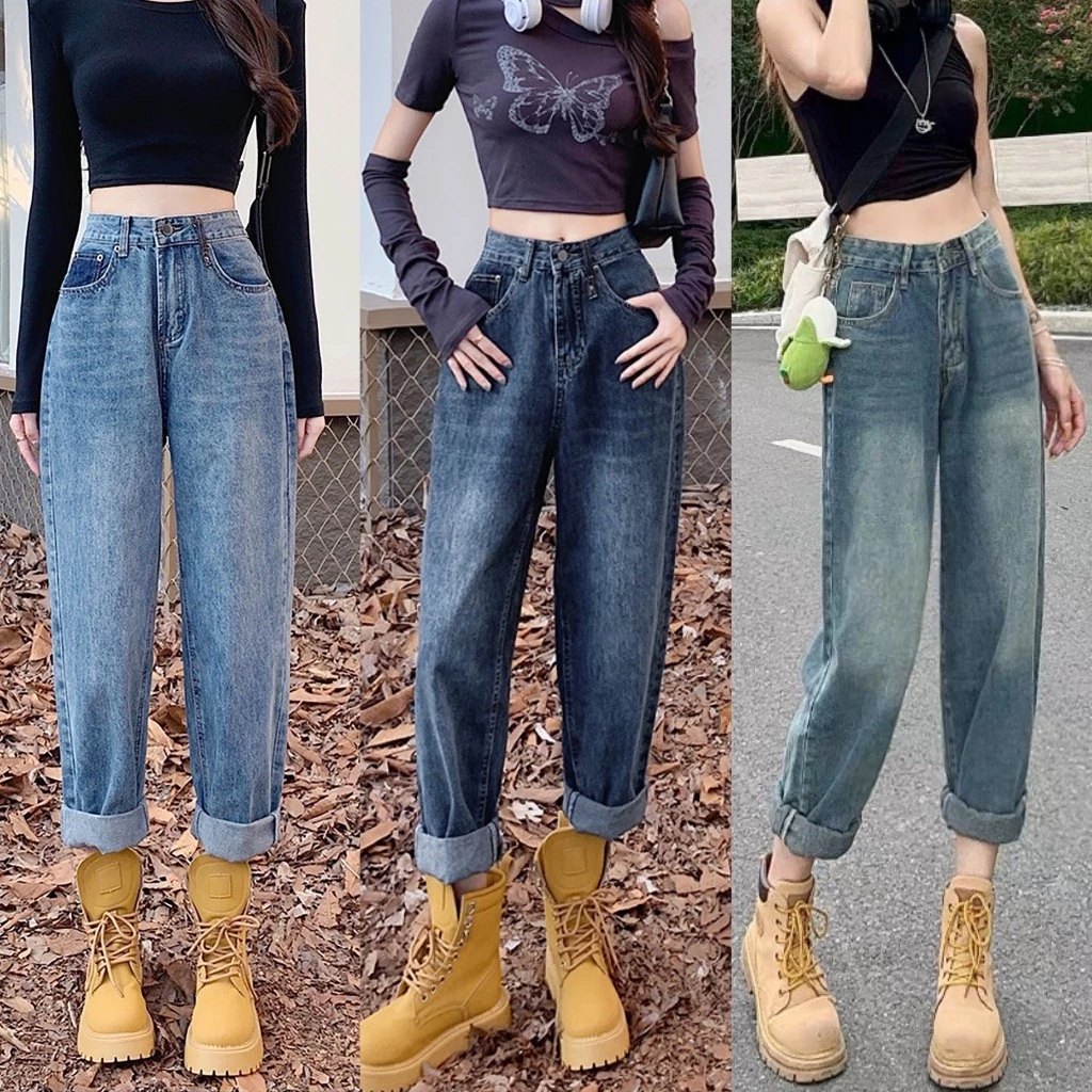 Quần Baggy Jean Nữ BigSize Lưng Siêu Cao Màu Xanh Nhạt Xanh Đậm Phủ Bụi Ánh Vàng Dài 98cm 0021 0032