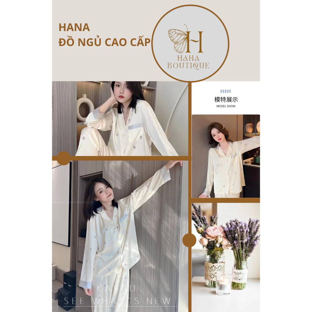 Đồ ngủ nữ bộ pijama mặc nhà lụa satin màu kem hoạ tiết gấu sang chảnh hàng Quảng Châu