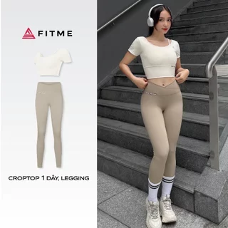 Bộ đồ tập gym yoga Fitme Cover23 áo thun croptop 1 dây ivory và quần legging phối xéo sand