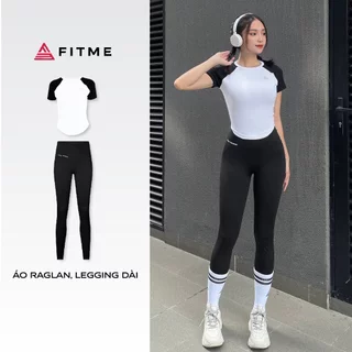 Bộ đồ tập gym yoga Fitme Cover23 áo thun raglan trắng, quần legging dài phối xéo đen