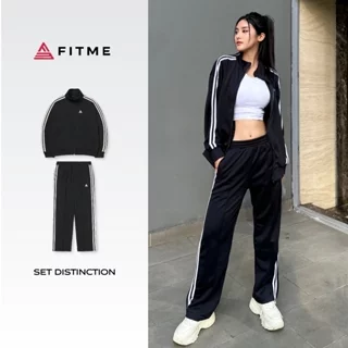 Bộ đồ thể thao Fitme Distinction áo jacket và quần 2 sọc màu Đen nam nữ thun poly dày dặn đứng form