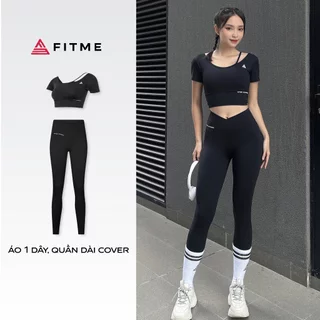 Bộ đồ tập gym yoga Fitme Cover23 áo croptop phối dây và quần legging phối xéo đen