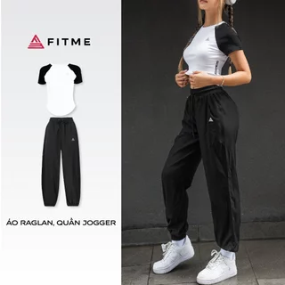 Bộ đồ tập thể thao áo thun Raglan Trắng, quần Jogger Đen logo in tập gym yoga thoáng mát