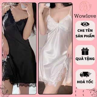 Đầm Đồ Váy Ngủ 2 Dây Xuyên thấu, Giả Phi Lụa Phối Ren Sexy Quyến Rũ Thời Trang Cho Nữ