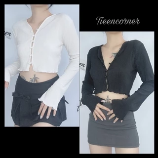 Áo croptop nữ tay dài loe phối nút rời chất thun dập li tieencorner 466