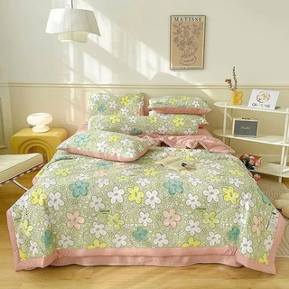 Bộ Chăn ga gối cotton đũi 5 món VIE Home - Bedding họa tiết hoa lá dễ thương nhiều size ra trải giường M4 M6 M8 2M