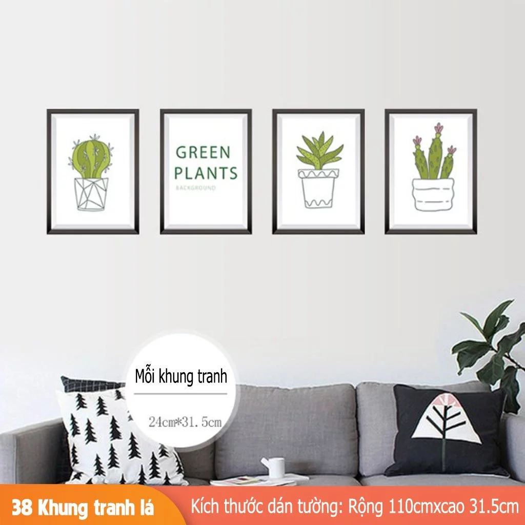 Decal trang trí tường - 4 Khung tranh chậu Xương Rồng-BA7089