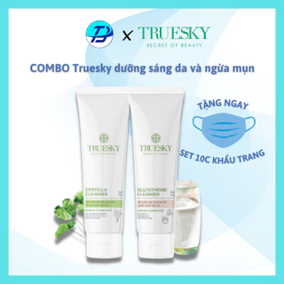 COMBO dưỡng trắng và ngừa mụn da mặt Truesky gồm 1 gel rửa mặt rau má 50g + 1 sữa rửa mặt sữa dê 50g