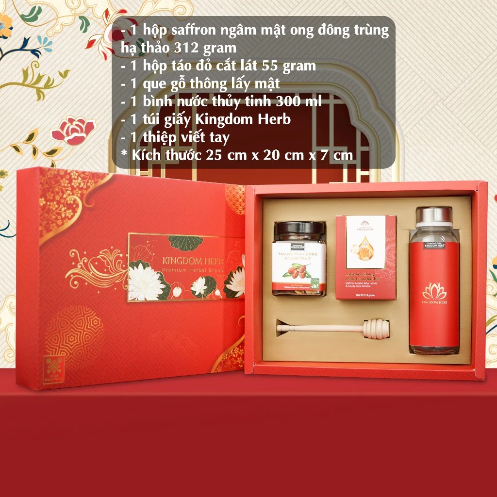 Set quà tặng, hộp quà tặng saffron mật ong đông trùng hạ thảo và táo đỏ/kỷ tử Kingdom Herb