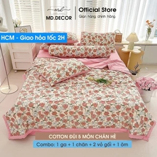 Bộ Chăn Chần Ga Giường Vỏ Gối 5 Món Cotton Đũi MD.DECOR - Bedding Cao Cấp Hoa Lá Đủ Size Nệm M6/M8