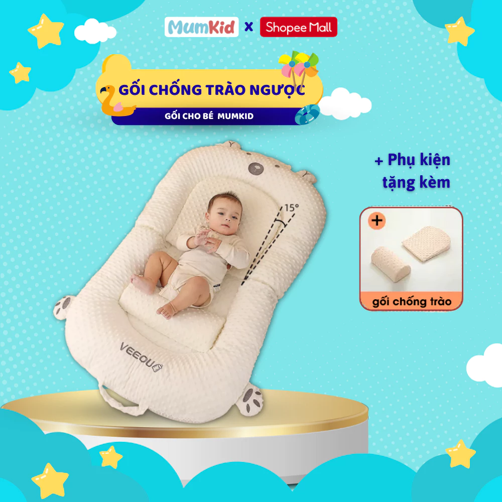 Gối chống trào ngược cao cấp mumKid, Đệm ngủ chống trào ngược giúp định hình lưng cho bé - MK063