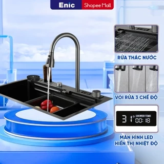 Bồn rửa chén thông minh Enic K2 - Chậu rửa inox 1 ngăn lớn, vòi phun thác nước hiện đại, màn hình LED hiển thị nhiệt độ
