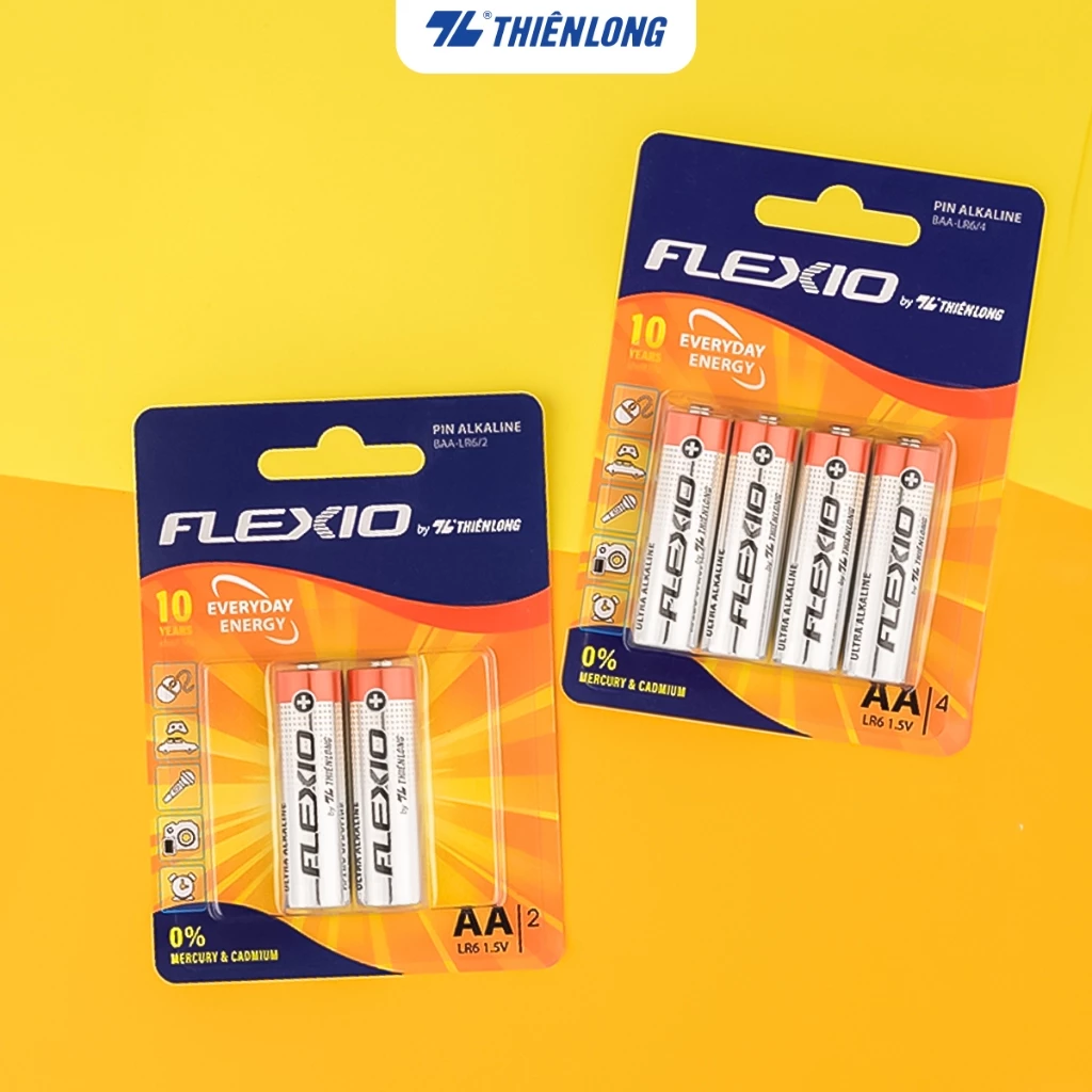 Vỉ 2/4 Pin Alkaline AA Thiên Long Flexio, Không chứa Thủy Ngân an toàn và thân thiện, hạn sử dụng 5 năm