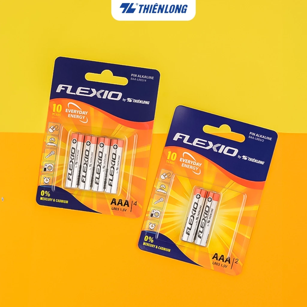 Vỉ 2/4 Pin Alkaline AAA Thiên Long Flexio, Không chứa Thủy Ngân, an toàn và thân thiện, hạn sử dụng 5 năm