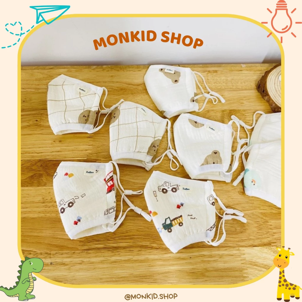 Khẩu trang vải cho bé có nút chỉnh quai đeo 100% cotton cho bé 0-2 tuổi