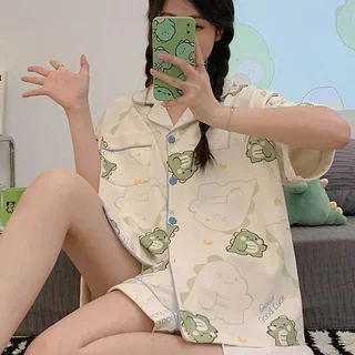 [HÀNG MỚI VỀ] Bộ Ngủ Nữ Tay Cộc, Pijama Mặc Nhà Khủng Long Xanh Honey Wear Đồ Mặc Nhà Nữ Chất Liệu Cotton Mềm Mịn P27