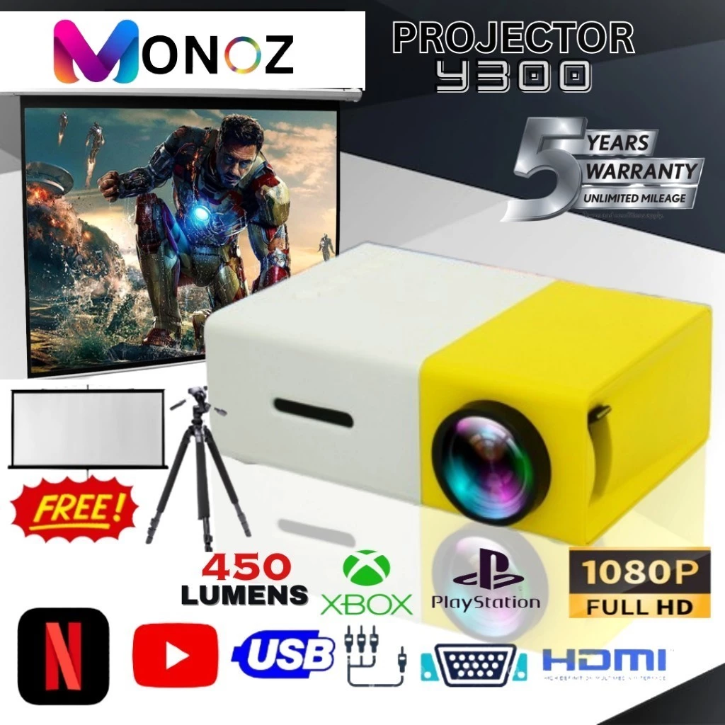 Máy chiếu Monoz Y300 Projector Máy chiếu mini cầm tay HD 1080P LED Điện thoại máy tính xách tay Android HDMI USB Nhỏ