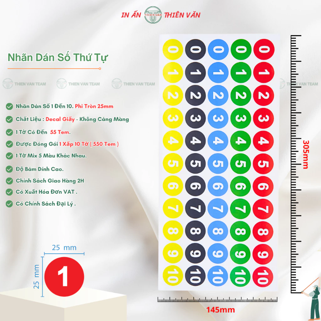 Nhãn Dán Số Thứ Tự 01 Đến 10 - Phi Tròn 25mm - Dán Lỗi - Đánh Dấu - Phân Biệt Sản Phẩm.