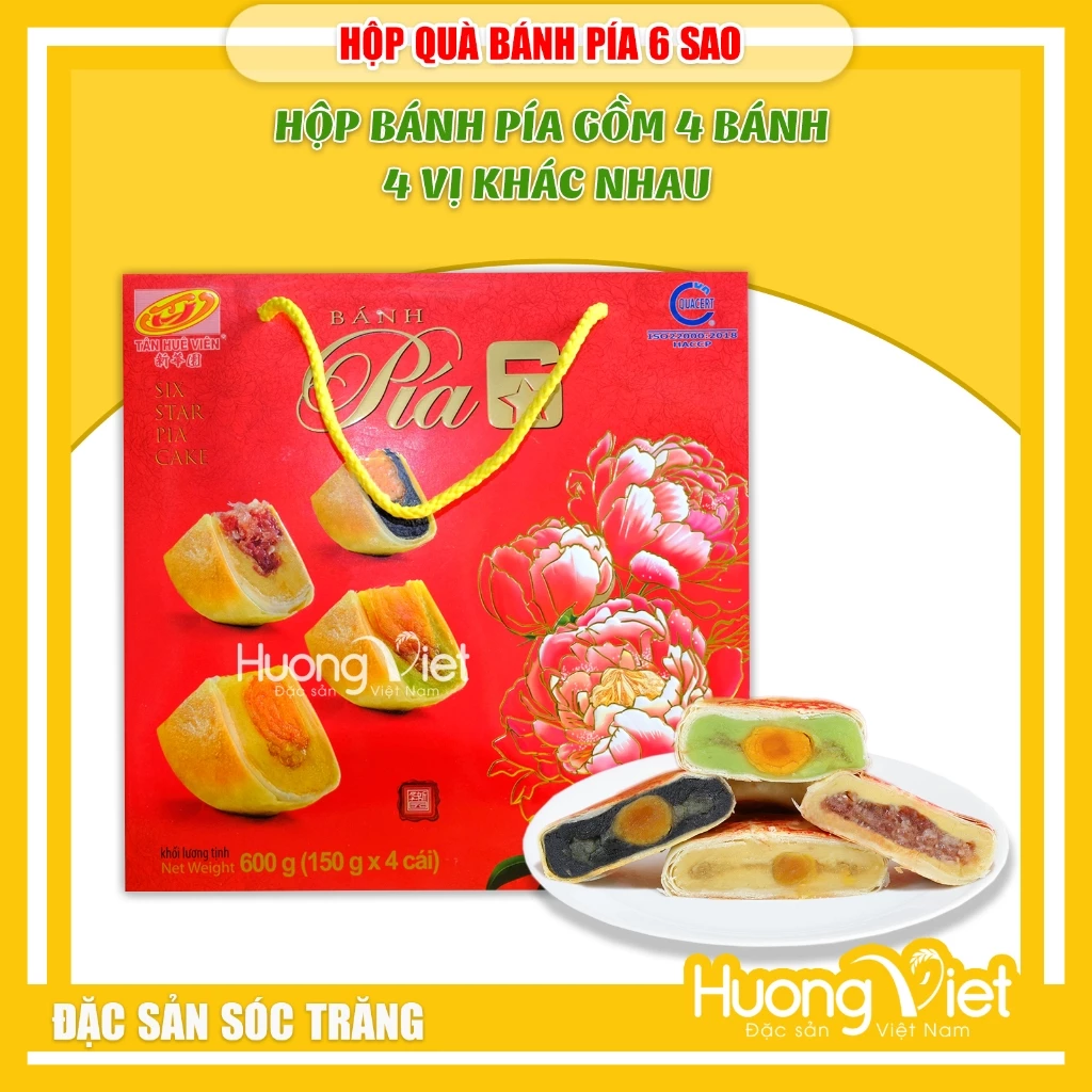 Hộp quà bánh pía 6 sao 4 vị Tân Huê Viên, bánh pía Sóc Trăng chính hãng, hộp quà tết 2023, bánh kẹo tết