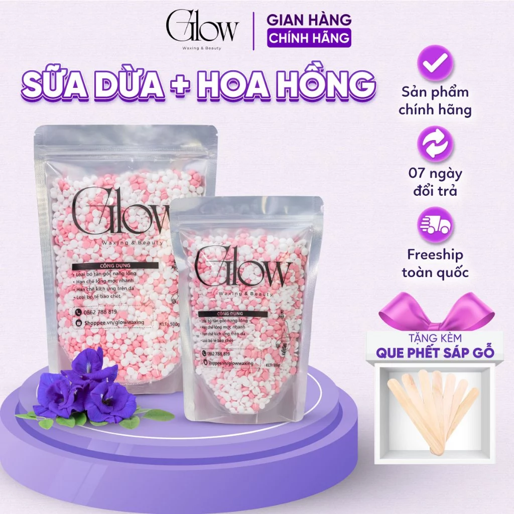 [CHE TÊN] Sáp Wax Lông Mix Hoa Hồng + Sữa Dừa Cao Cấp Siêu Bám Lông Chuyên Wax Bikini, Body GLOW WAXING Tặng Que Gỗ