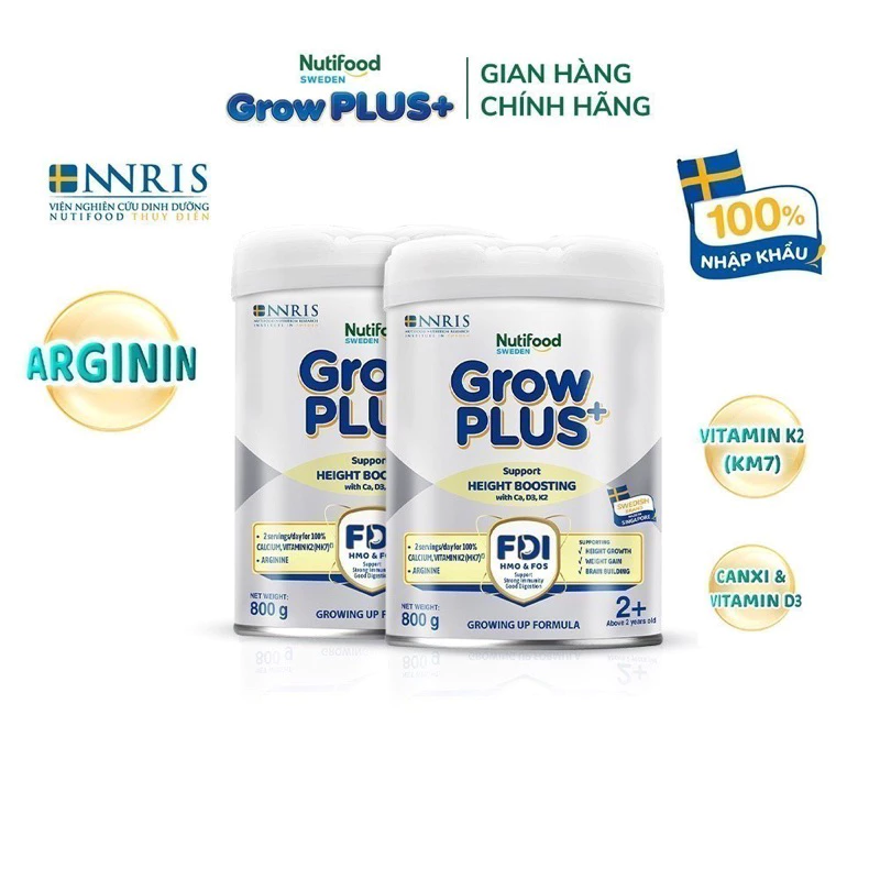 Sữa Bột 2+  chiều cao Nutifood Sweden GrowPLUS+ Cao lớn vượt trội trên 2 tuổi (Bạc) 800g