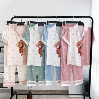 Bộ mặc nhà Pyjama cao cấp Tea Store tay cộc quần dài họa tiết gấu to